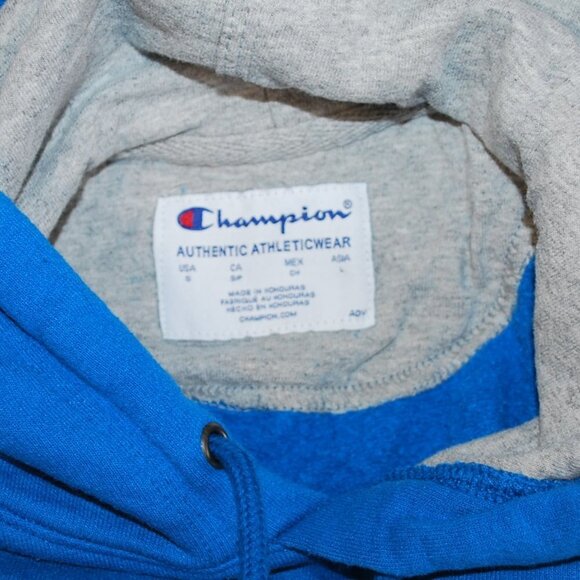 S0889 CHAMPION Powerblend Fleece Hoodie 'Embroidered C Logo' Blue Men's Small - Picture 2 of 5